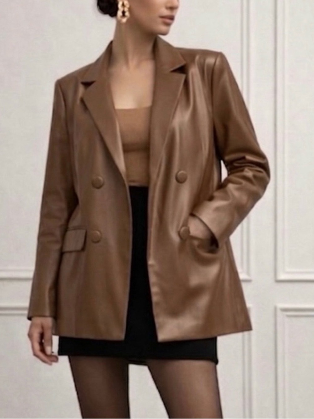 Stoosh Brown Faux Leather Double-Breasted Blazer